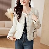 Anzber Vintage Women Woolen Tweed Coat O-Neck Slim Short Jackets Korean Wool Blends Outwear Tops,WHITE,M