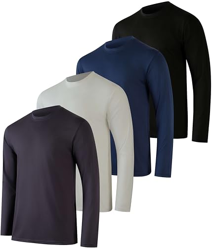 Real Essentials 4 Pack Mens Long Sleeve Shirts T-Shirt Fishing Athletic Workout Hiking UV UPF SPF Sun Protection Work Quick Dry Dri Fit Gym Tee Shirt Active Running Sport Tops Camisas Construction