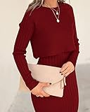 Ezbelle Womens Crewneck Long Sleeve Elegant Sexy Bodycon Midi Dress Ribbed Knit 2 Pieces Plain Outfits Winter Tank Sweater Burgundy Medium