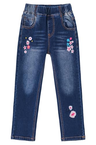 KIDSCOOL SPACE Girls Jeans,Embroidered Flowers Slim Stretchy Denim Pants,Blue,5-6 Years