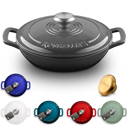ROSSALLINI Signature Enameled Cast Iron Braiser, Non-Stick Serving Pot with Tight Fitting Lid for Perfect Roasting, Baking, Sauteing, Searing, and Pan Frying | 5Q (4.7L) - Oyster Grey