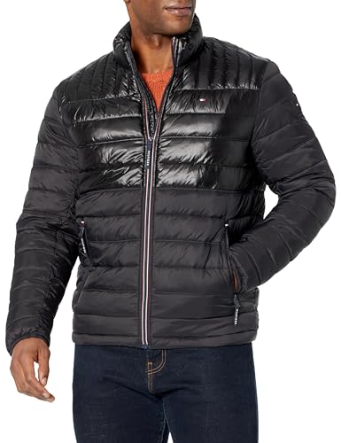 Tommy Hilfiger Men's Ultra Loft Lightweight Packable Puffer Jacket (Standard and Big & Tall), Black Shiny/Matte Combo, Large