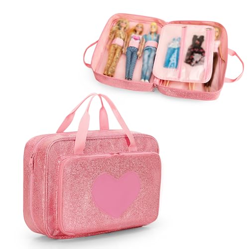 LoDrid Doll Carrying Case Compatible with Barbie Dolls 12-Inch, Doll Storage Organizer with Handle Holds up to 6 Dolls, Multiple Pockets for Other Accessories, Pink, Bag Only