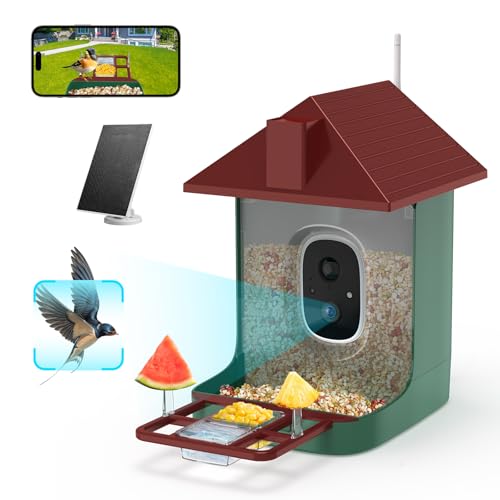 Smart Bird Feeder with Camera, 5200mAh Battery with Solar Panel, 2K Live View/AI Identifies/App Control/Instant Arrival Alert/Auto Capture/135° Motion Detection/IP65 Waterproof, Ideal Gift, Red Green