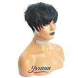 Yviann Human Hair Short Wigs Pixie Cut Wigs with Bangs Short Black Layered Wavy Wigs for Women 1B Color