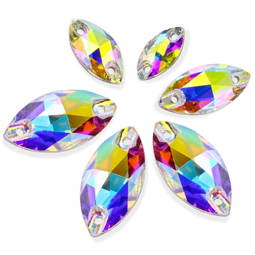 DONGZHOU Sew On Rhinestone AB Sewing Stone with Holes Navette Shape Sew On Beads Crystals Flat Back Glass Rhinestone Crystal Gems Clothing Accessories for Costume, Clothes, Garments, DIY Crafts