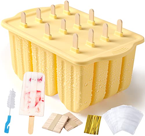 Popsicle Molds Silicone BPA-free,12 Pieces Popsicle Trays for Freezer,Homemade Ice Cream Popsicle Molds,Large Ice Pop Maker Set,Reusable Ice Lolly Mould with 100PCS Popsicle Sticks (Yellow)