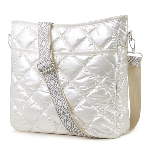 Quilted Crossbody Bags for Women, Unique Pattern Strap Quilted Bag, Crossbody Purses for Women, Quilted Puffer Bag for Women (Off white)