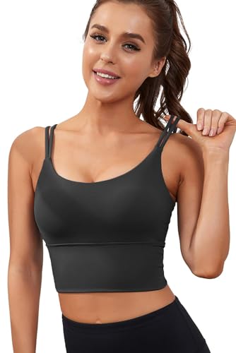 Everrysea Longline Sports Bra for Women Padded Workout Tank Tops Built in Bras Strappy Yoga Corp Top Camisole Black