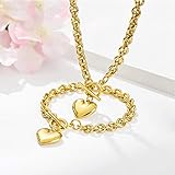 W/W Lifetime Heart Chain Necklace + Heart Bracelet for Women Hearts Pendant Toggle Charm Jewelry Set Stainless Steel 18K Gold