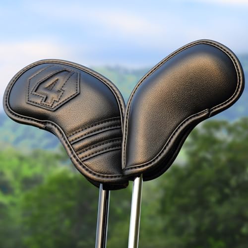 Golf Iron Covers Set 10 Pcs Magnetic Golf Iron Headcovers Classic Black PU Leather Easy Off/On Protective Cover