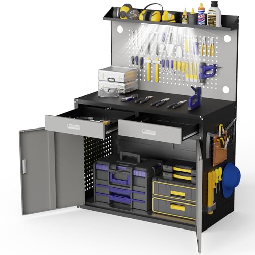 Eltean 65" Heavy Duty Work Bench with Storage, 2000 LB Capacity Garage Work Table with Adjustable LED Lighting、Lockable Cabinet、Drawers & Pegboard ，Work Benches for Garage、Workshop, Basement