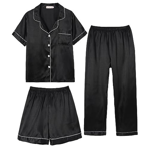 Hupohoi Unisex Girls Boys Kids Pajama Sets Button Down Satin Sleepwear Nighty 3PCS Silky Lounge Sets Nightwear Short Sleeve Long Pants, 3pcs-Black, 12