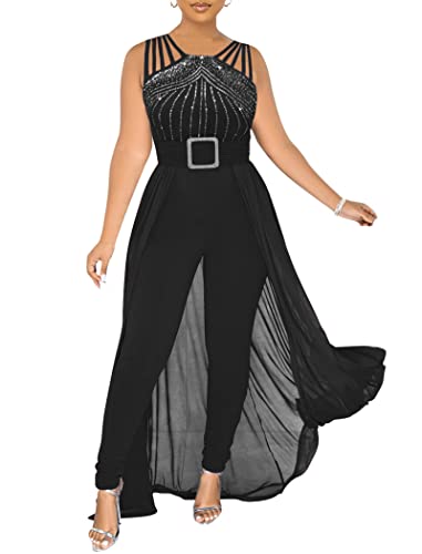 chicyes Womens One Piece Elegant Overlay Jumpsuits Dressy Plus Size Sexy Formal Sleeveless Rhinestone Romper Club Outfits Black