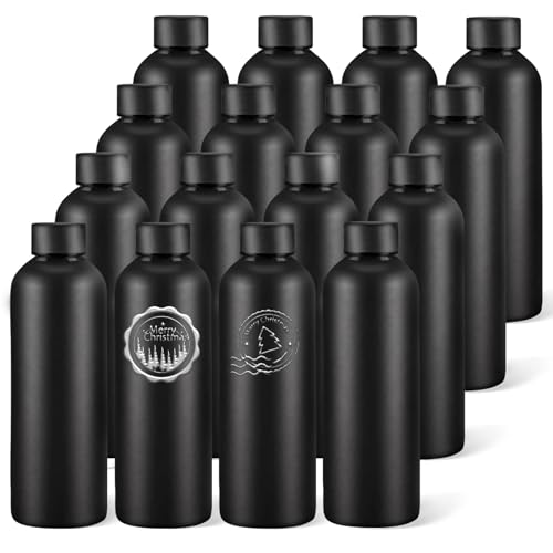 WHEATHUSK 16 Pack Stainless Steel Insulated Water Bottle 17oz Blank Double Wall Vacuum Thermal Sports Bottle Personalized Powder Coated Bulk for Laser Engrave, Black