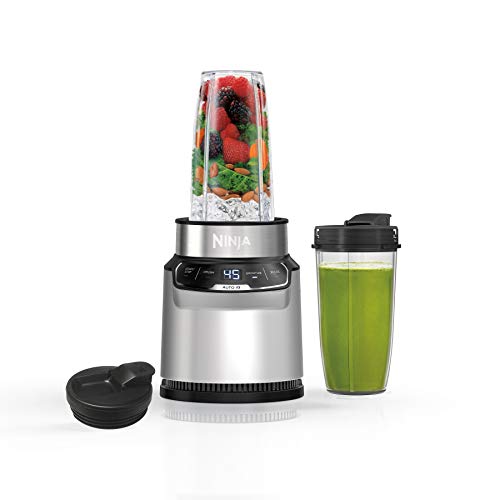 Ninja Blender, Nutri Pro, Personal Blender, For-Smoothies, Salsa, Shakes, and Frozen Drinks, Includes 2 Smoothie Cups, + Lids, Crushes Ice, Fruit, and Veggies, Single Serve Blender, Silver, BN401