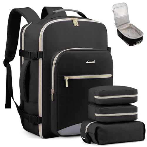 LOVEVOOK Carry on Travel Backpack, 40L Waterproof Large 17inch Laptop Luggage Daypack as Personal Item Flight Approved, Business Weekender Overnight with 3 Packing Cubes, Black-Grey