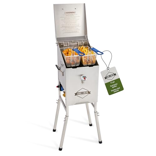 Hike Crew Outdoor 4-Gallon Propane Deep Fryer 57,000 BTU for Camping & Outdoor Kitchen with Push Ignition, 2 Stainless Mesh Frying Baskets, Built-In Thermometer, Gas Regulator & Drain Valve
