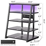 armocity 5-Tier AV Media Stand with Power Strips, Media Console with LED Lights, Audio Tower Rack with Adjustable Shelves, Stereo Stands and Racks, 40.8'', Black Ebony