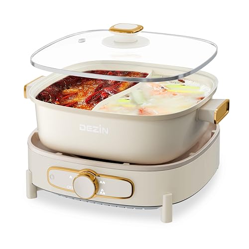 Dezin Hot Electric Shabu Shabu Pot, 5.5L Double-Flavor, Removable Non-Stick Dual Sided Cooker, 3" Depth Divided Pot with Multi-Power Control, 2 Silicone Ladles
