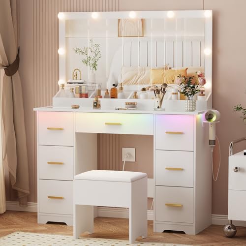 METOTI Vanity with Mirror and Lights, Makeup Vanity Desk with 7 Storage Drawers and Power Outlet, Vanity Set with Large Mirror, 9 LED Lights and Chair, Vanity Table for Bedroom, Dressing Room, White