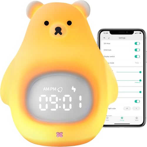 GANGULITO Smart Kids Alarm Clock Lamp App Control Toddler Sleep Trainer with Green Night Light All-in-one OK to Wake Rechargeable (Silicone White Teddy Bear)