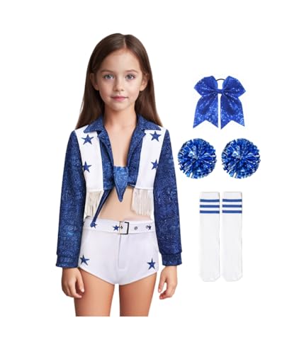 Vmyainrt Girls Cowboy Cheerleader Costume Blue Star Cheerleader Outfit for Kids Uniform Set(Blue,with accessories,5T)