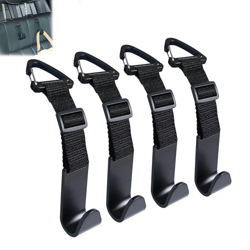 Amooca Headrest Hooks for Car Adjustable 4 Pack Vehicle Seat Back Organizer Storage Hanger Holder for Purse Bags Universal Fit with Clip Black