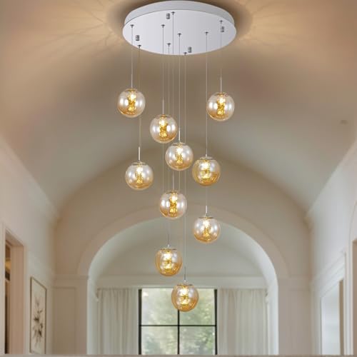 10 Linght Long Chandeliers for High Ceilings,Modern Glass Ball Pendant Light,Raindrop Drop Lamp,Hanging Flush Mount Lighting Fixtures for Spiral Staircase,Foyer,Entryway,Living Room