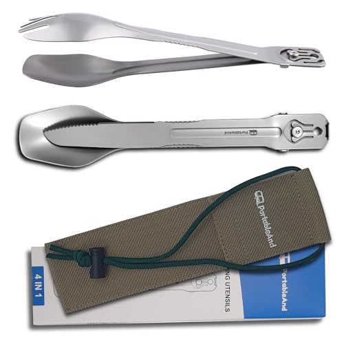 PortableAnd 4-in-1 Camping Utensil Set: Spoon, Spork, Knife, Tongs - Stainless Steel Multi Tool for Outdoor Cooking, Backpacking, Hiking, Picnics - Lightweight Travel Utensil with Carry Bag (2-Pack)