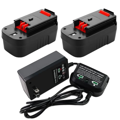 Fhybat 2 Packs 4500mAh Ni-Mh 18 Volt HPB18 HPB18-OPE Battery and 90556254-01 Charger Compatible with Black and Decker 18V Batteries HPB18 HPB18-OPE 244760-00 FSB18 FS18C FS18BX(Black)