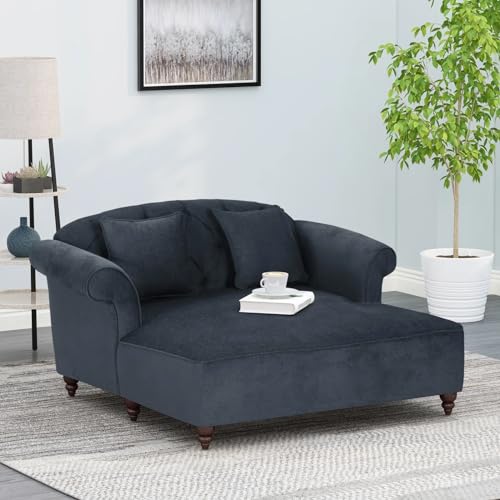 Udorich Double Chaise Lounge with Button Tufting and Turned Wood Legs, Elegant Charcoal Fabric, for Relaxation