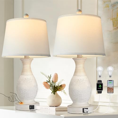 PARTPHONER Table Lamps Set of 2, Bedside Touch Lamp with USB C+A Charging Ports, Side Table Lamp with White Fabric Shade (LED Bulbs Included)