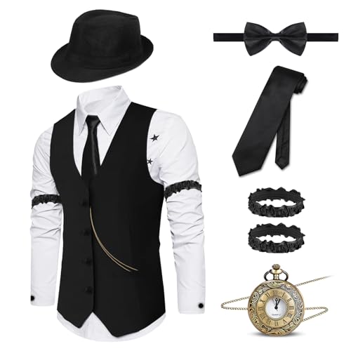 Sekepingo Charming 6PCS Mens 1920s Gatsby Custome Outfits Vest and Hat Accessories for Roring 20's 30's Themed Party (Black-7009, XXL)