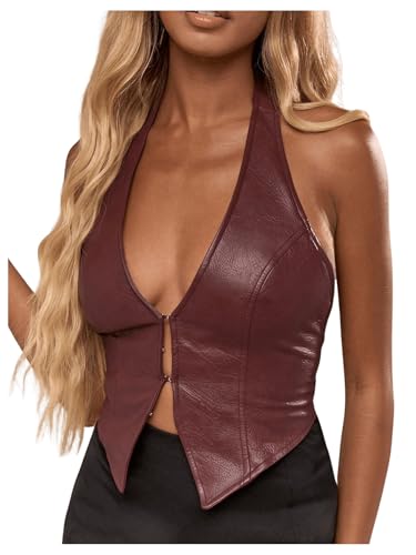 SOLY HUX Women's PU Leather Halter Tank Tops Sexy Deep V Neck Asymmetrical Vest Corset Party Clubwear Pure Burgundy Medium