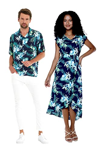 Matchable Couple Hawaiian Luau Shirt in Orchid Breeze Navy, Men, XL