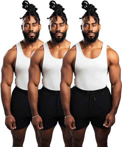 Ekkovision Beaters, Men's Tank Tops, Cotton Spandex Blend Tanks Tops for Men, Comfortable, Durable, Stylish Ribbed Fabric, Ideal Fit for Gym or Casual Wear, 3 Pack, White, Size XLarge (PLEASE SIZE UP)