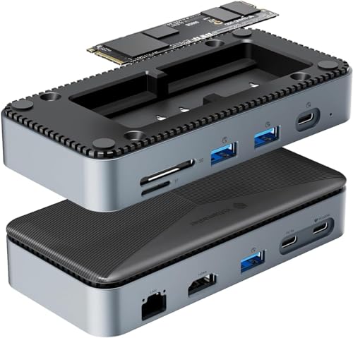 Yottamaster USB C Docking Station with 4TB M.2 NVMe SSD Enclosure, 10 in 1 USB C HUB Adapter 10Gbps USB 3.2 Gen2, 4K@60Hz HDMI, 100W PD, SD/TF 3.0 Card Reader, Ethernet for Windows, Mac [Diskless]
