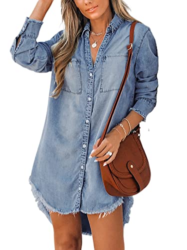 CUPSHE Womens Denim Shirt Dress Long Sleeve Button Down Casual Loose 2024 Fall Jean Dresses with Pockets Sky Blue L