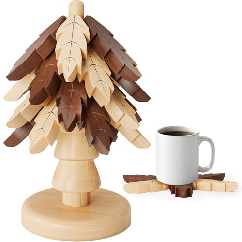 NiHome 4-Pack Wooden Trivets for Hot Dishes, Wooden Tree Trivet for Pan Teapot Mug Cups, Wood Hot Pot Holder Set, 4 Trivets with 1 Wood Stand, Leaves Design, Easy to Use
