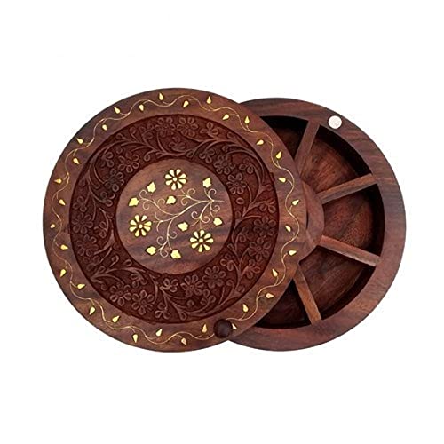 Antique Handicraft Hub U S International Spice Box With Floral Burnt Design In Sheeham Wood-Spice Box For Kitchen Indian Wood Container With Lid Decorative Masala Dabba Organizer Spice Storage