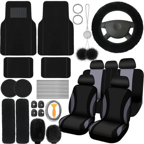 ROCEEI 47 Pcs Car Seat Cover Full Set Car Accessories for Front Rear Seat Fluffy Steering Wheel Cover Belt Automotive Floor Mats Air Conditioner Decoration Strip(Black)