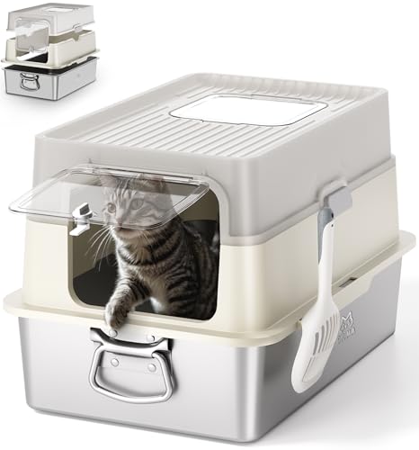 Qiuma EasyLift Stainless Steel Cat Litter Box with Lid, XL Covered Metal Litter Box with High Sides, Easy Carry Handles, Removable Lid & Scoop, Odor Free, Non-Sticky, Anti-Leakage, Easy Cleaning