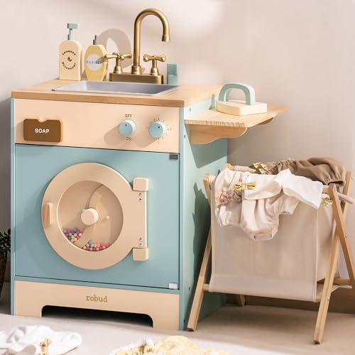 ROBUD Wooden Laundry Playset, Washer and Dryer Set for Kids, Realistic Pretend Play Washing Machine with Basket, Iron, Soap, Bleach, Laundry Detergent, Gift for Boys & Girls, Ages 3+