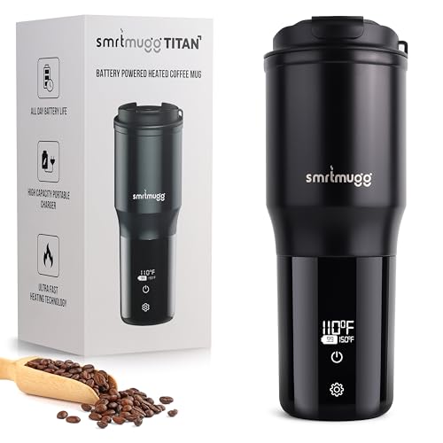 SmrtMugg TITAN Heated Coffee Mug, 15 oz. 15 Hour Battery Life, Self-Heating, Battery Powered, Adjustable Temperature, LCD Screen, Portable Charger, Great for Coffee and Tea Lovers (Black)