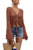 Saodimallsu Womens Oversized V Neck Shirts Flowy Crochet Bell Sleeve Boho Tops Sexy Tie Front Ruched Ruffle Top Blouse Brick Red