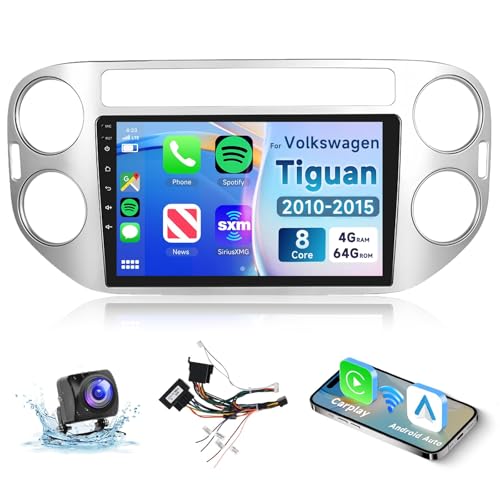 8 CORE 4G+64G Car Radio for Volkswagen Tiguan 2010-2015 with Wireless CarPlay/Android Auto, Podofo 9” 1280 * 720P IPS Touch Screen Stereo Android 13 GPS WiFi Bluetooth DSP SWC + HD Backup Camera