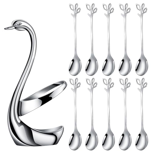 AnSaw Silver Small Coffee Spoon Holder Set,Swan Base With 10 Pcs Demitasse Espresso Spoons Set,4.7" Mini Leaf Dessert Spoon,Stainless Steel Tea Spoons