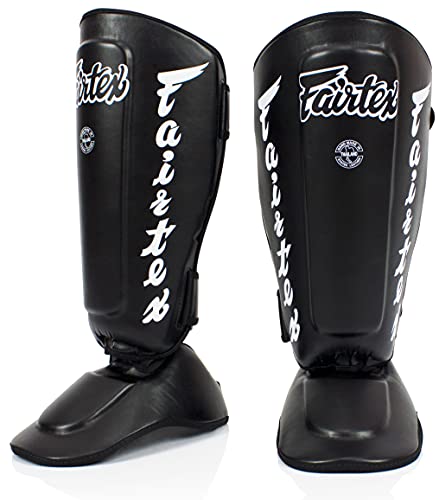 Fairtex SP7 Muay Thai Shin Guards for Men, Women, Kids | Shin Guards Made with Syntek Leather & are Premium, Lightweight & Durable | Detachable shin & Foot Protector- Medium, Black