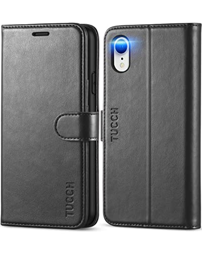 TUCCH Case Wallet for iPhone XR, Kickstand RFID Blocking Credit Card Slot PU Leather Folio Phone Cover with Wireless Charging [Shockproof TPU Shell] Compatible with iPhone XR 6.1, Black